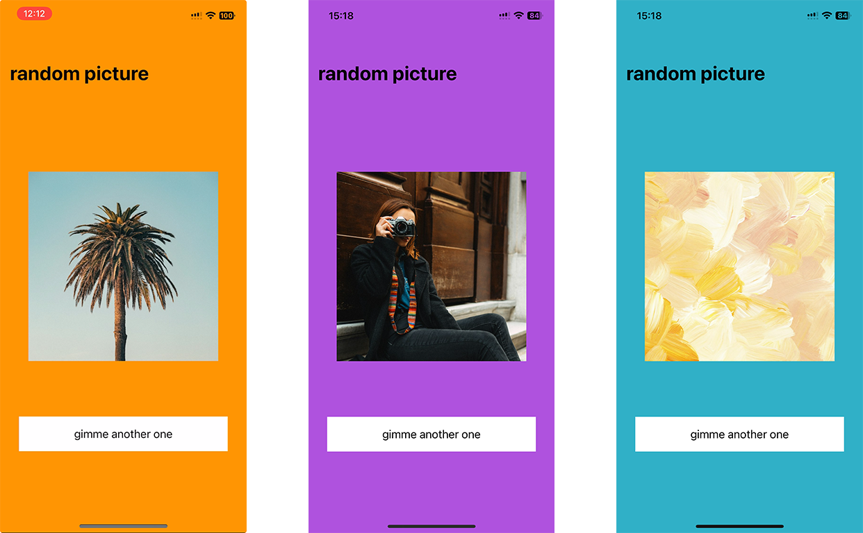 páginas do aplicativo com fotos e cores de fundo aleatórias